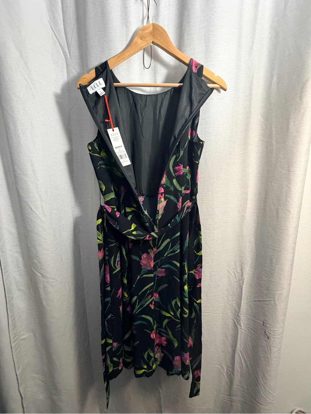 Elle Black Floral Tie-Waist Midi Dress with Pink & Green Print - Picture 6 of 12